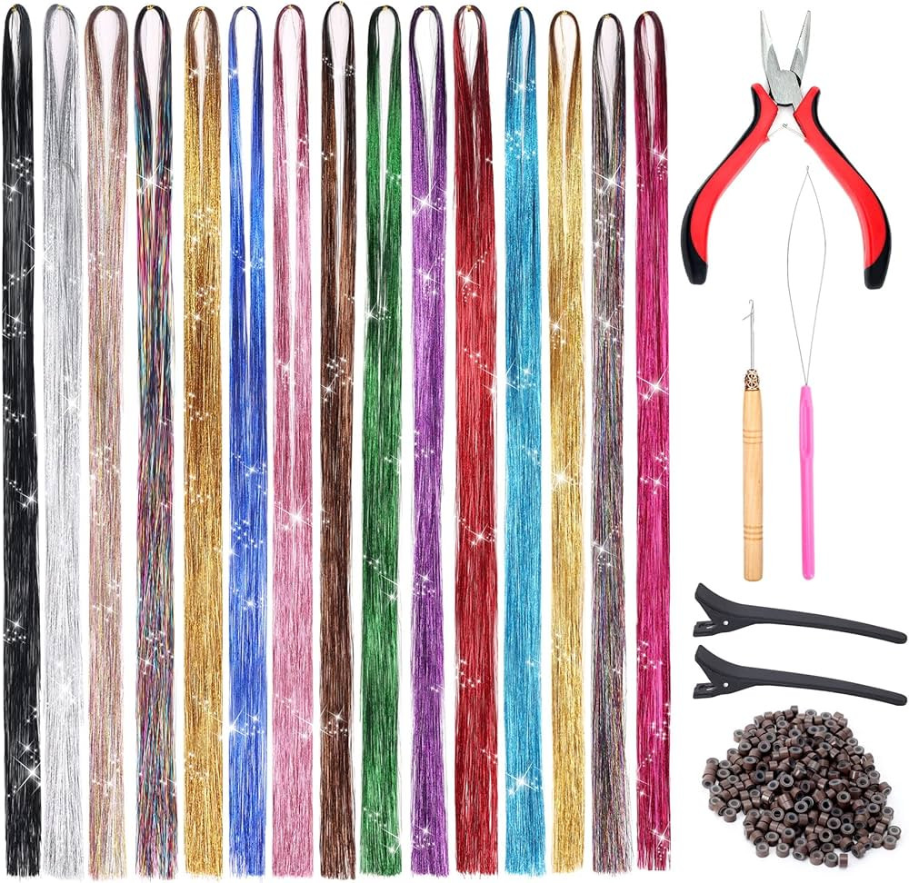 15 Colors Hair Tinsel Kit with Tools, 47 Inches 2550 Strands Heat Resistant Glitter Hair Extensio... | Amazon (CA)