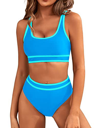 BMJL Women's High Waisted Bikini Sets Sporty Two Piece Swimsuits Color Block Cheeky High Cut Bathing Suits(XS,Blue) | Amazon (US)