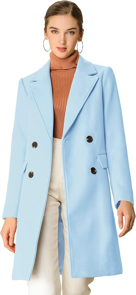 Allegra K Women's Notch Lapel Double Breasted Belted Mid Long Outwear Winter Coat | Amazon (US)