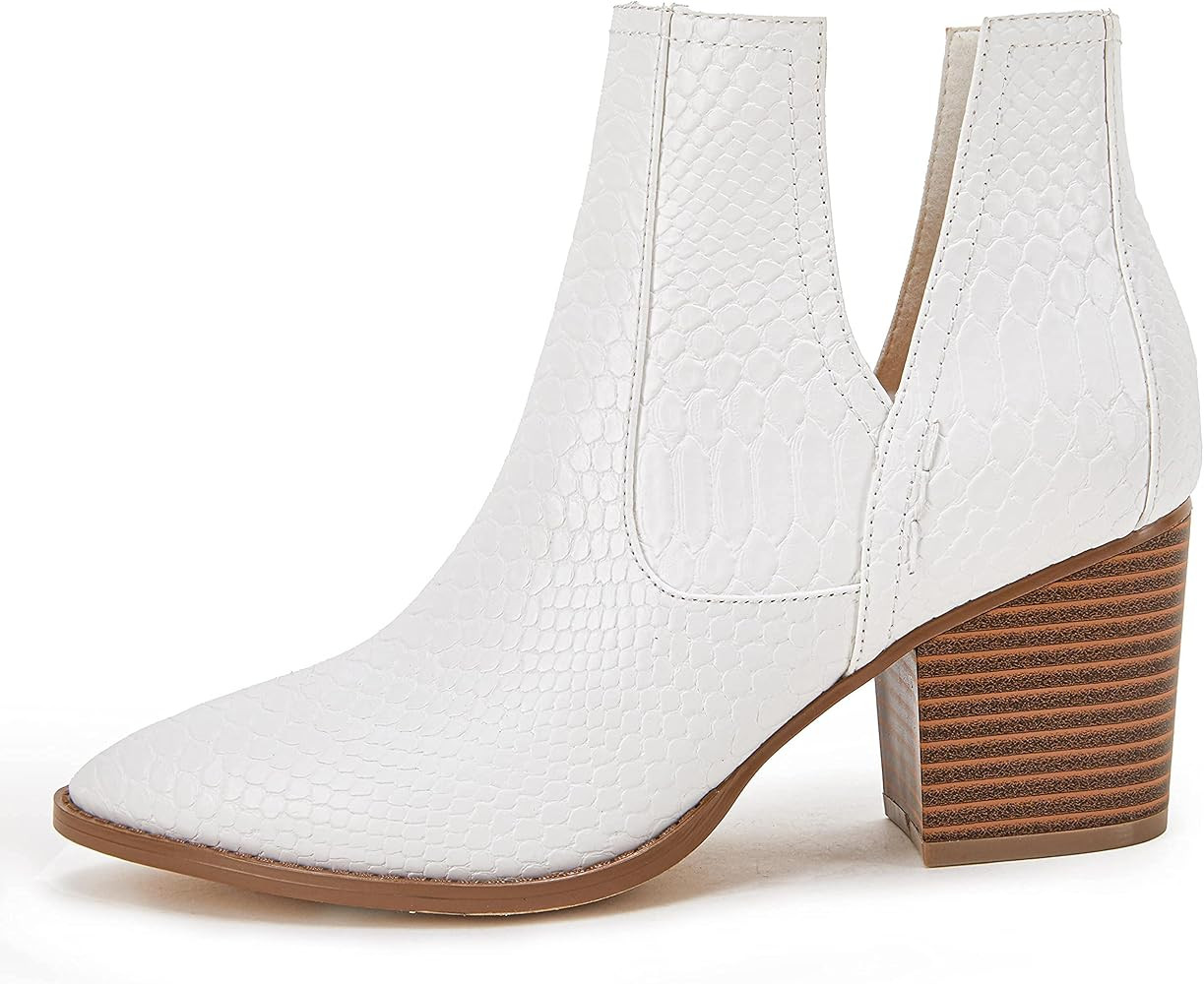 Amazon.com | FISACE Womens V Cut Out Ankle Boot Pointed Toe Snakeskin Chunky Stacked Mid Heel Bootie | Amazon (US)