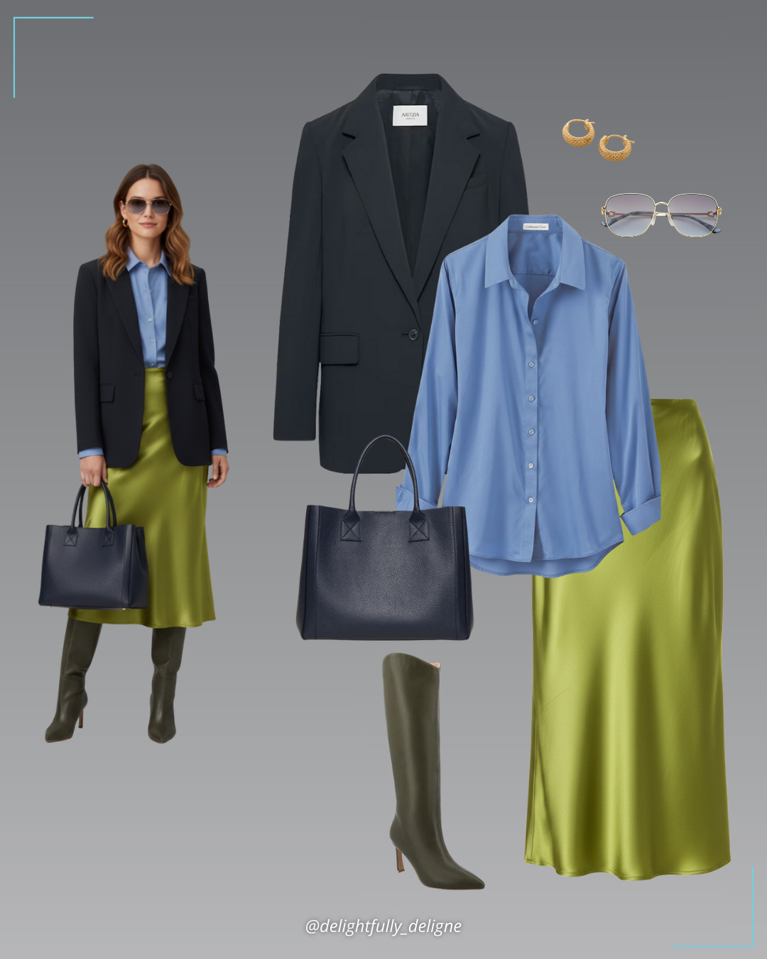 Olive & Blue Edit 💚💙 Olive solid-color satin fishtail midi skirt, olive knee-high boots, French blue long-sleeve no-iron shirt, Generation blazer, huggie earrings, sunglasses & The Elena Grande tote. 

 #LTKgrwm #LTKootd #LTKOver40