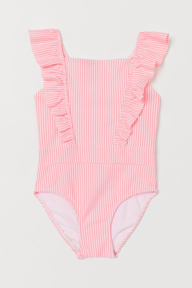 Fully lined, texture-patterned swimsuit with ruffles at top extending over shoulders straps to ba... | H&M (US + CA)