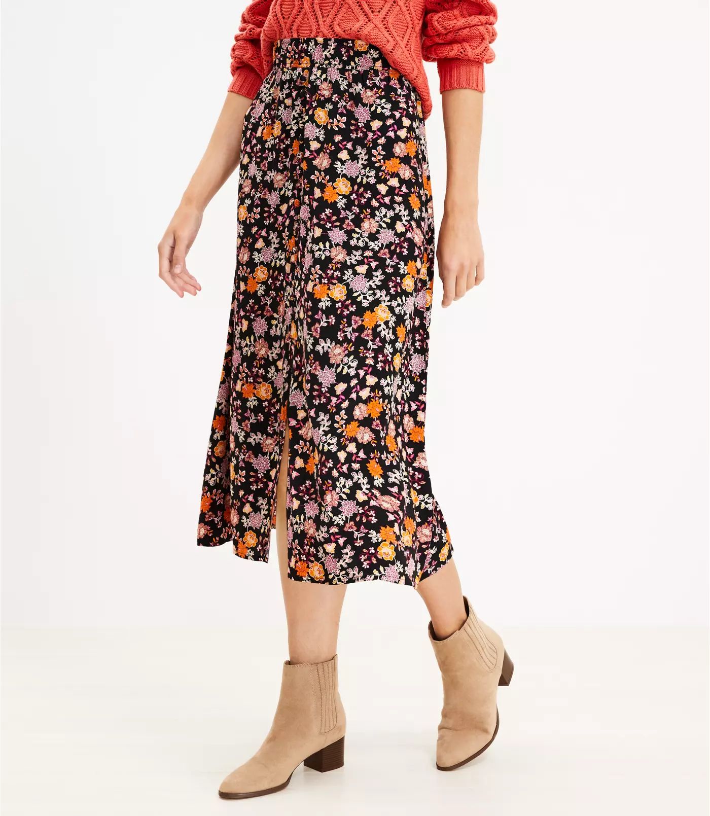 Floral Button Pull On Midi Skirt | LOFT