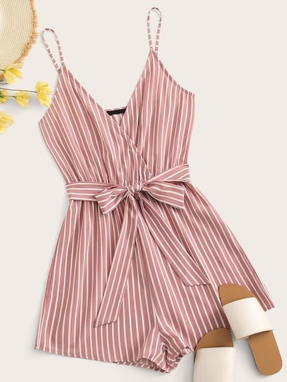 SHEIN Surplice Striped Self Belted Wrap Romper | SHEIN