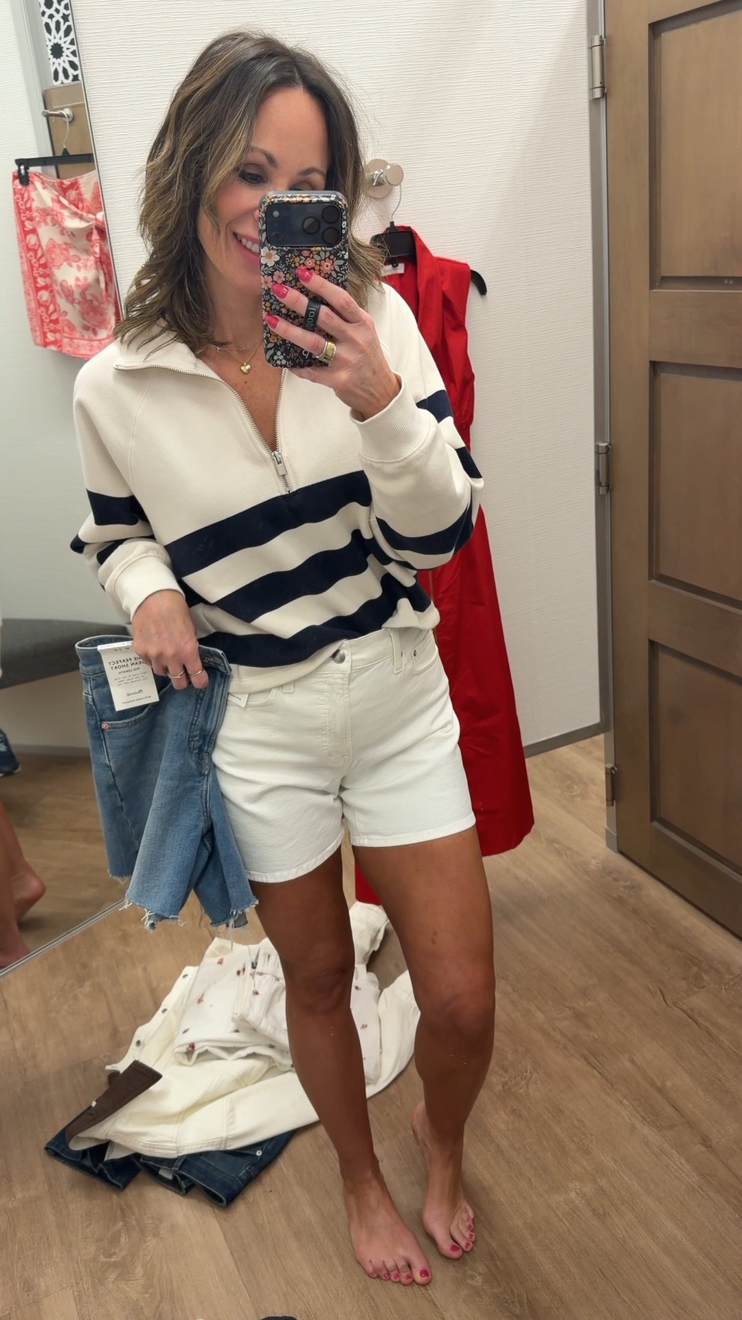 OK, if you were looking for a not too short pair of shorts in the perfect length for spring and summer, look no further. These made well shorts fit like a glove, run through to size, and are the most comfortable. I love a high-rise short that is not too short or uncomfortable. These fifth of Bill. The link is great when you were looking for something stylish and appropriate and just classy looking. They come in so many different colors, but I absolutely love this white and this ram denim. I feel like both of them will just be on repeat all spring and summer in the warm weather.

#LTKSeasonal #LTKmomlife #LTKOver40
