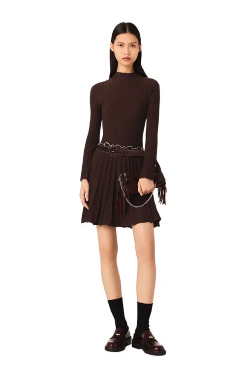maje High-neck mini skater dress in Dark Brown at Nordstrom, Size 36 Eu | Nordstrom