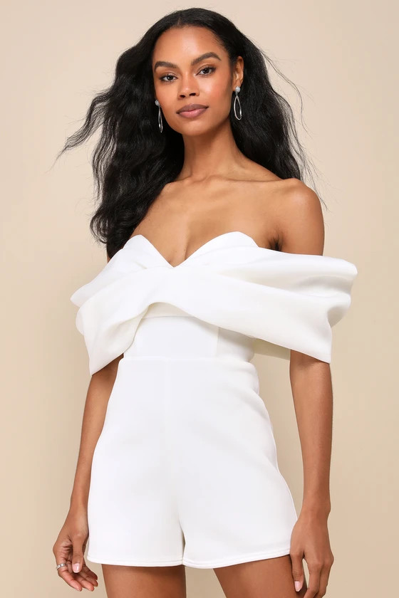 Luxe Drama White Scuba Knit Bow Off-the-Shoulder Romper | Lulus