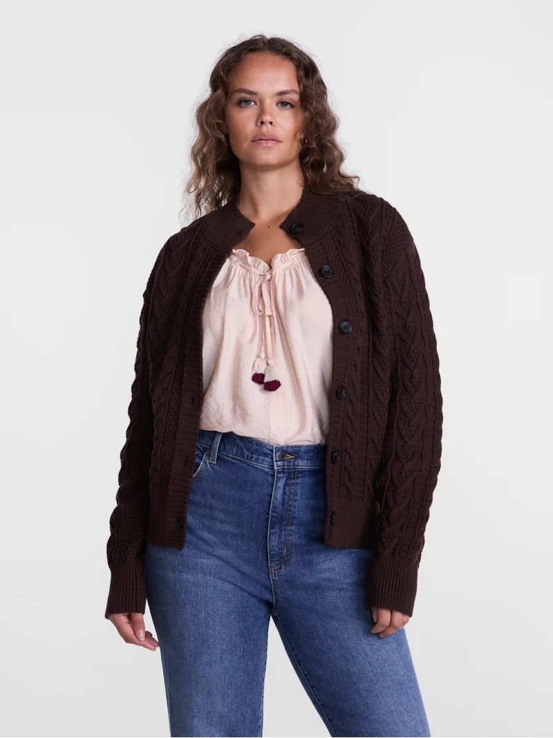 Scenario Woman's Cable Cardigan Sweater with Long Sleeves, Mid-weight, Sizes XS-XXXL | Walmart (US)