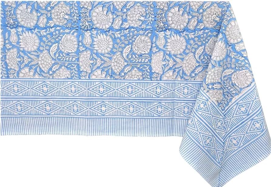 ATOSII Azora Blue 100% Cotton Rectangle Fall Tablecloth, Handblock Floral Print Linen Table Cloth... | Amazon (US)