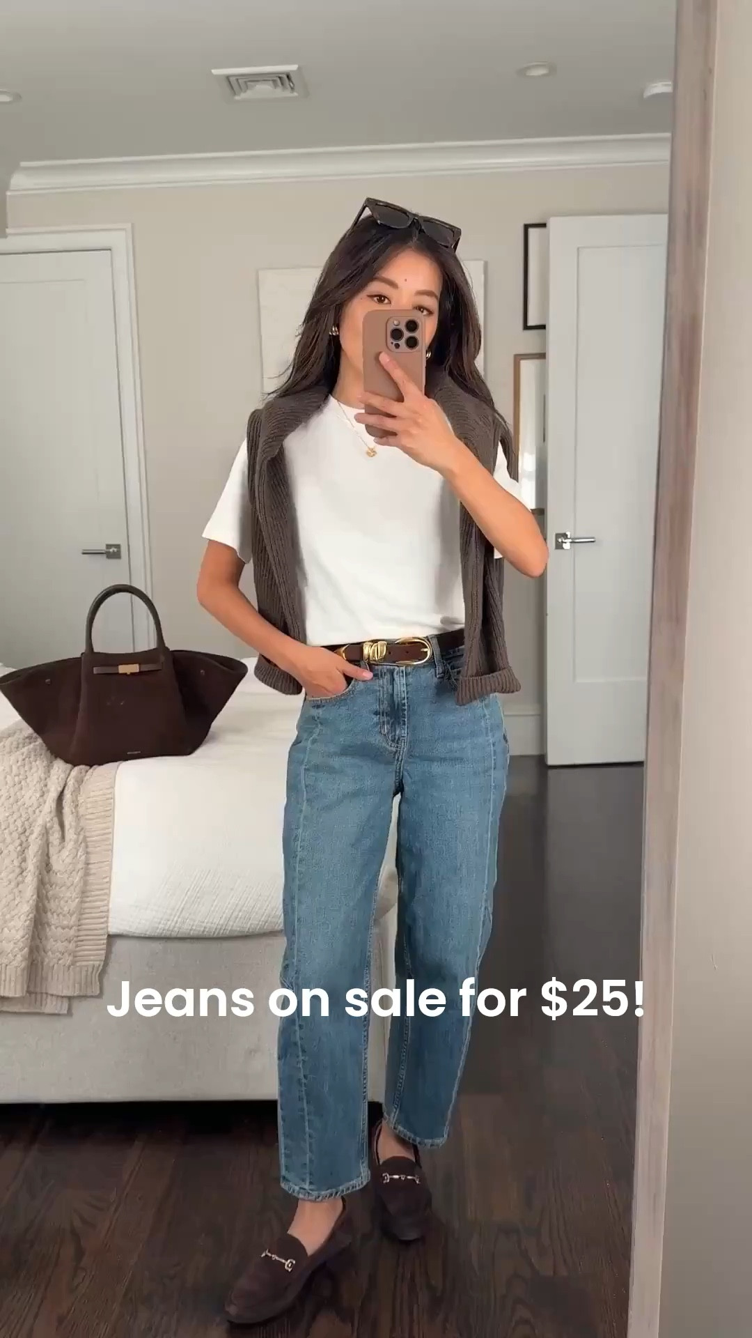 Huge old navy sale (linked some petite items). And Jeans restocked in a few new washes! 

• Old Navy barrel ankle jeans 0 petite, looser fit at my waist, but TTS, actually short enough ankle length for me, very good for the price!

• Aritzia white cotton tee 2XS, slightly boxier structured shape yet is super soft and not sheer. Shrinks a tad in the wash.

• Quince Mongolian cashmere fisherman crewneck sweater xs

• Sam Edelman Loraine loafer 5.5 (love and have in several colors!)

• Madewell triple metal keeper belt xxs

• DeMellier suede midi New York bag

Petite friendly style, casual mom style, easy transitional outfit

#ltkootd #ltkmomlife #ltkpetite