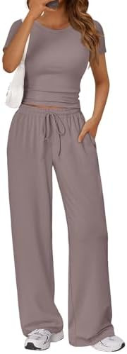 Trendy Queen 2 Piece Matching Summer Sweatsuit Lounge Set Womens Wide Leg Pants Side Ruching Crop... | Amazon (US)