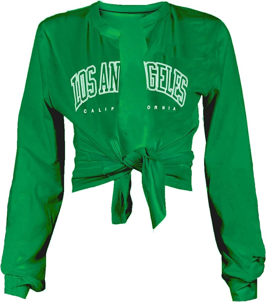 Zoyami Womens Sexy Tie Front Crop Top Long Sleeve Graphic Tee Shirt Clubwear | Amazon (US)