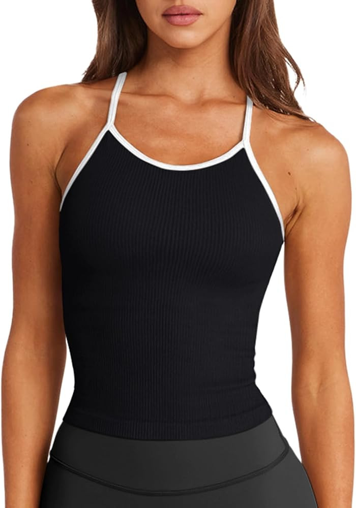 LASLULU Womens Sports Bra Seamless Long Crop Tank Racer Back Spaghetti Strap Workout Yoga Bra Pad... | Amazon (US)