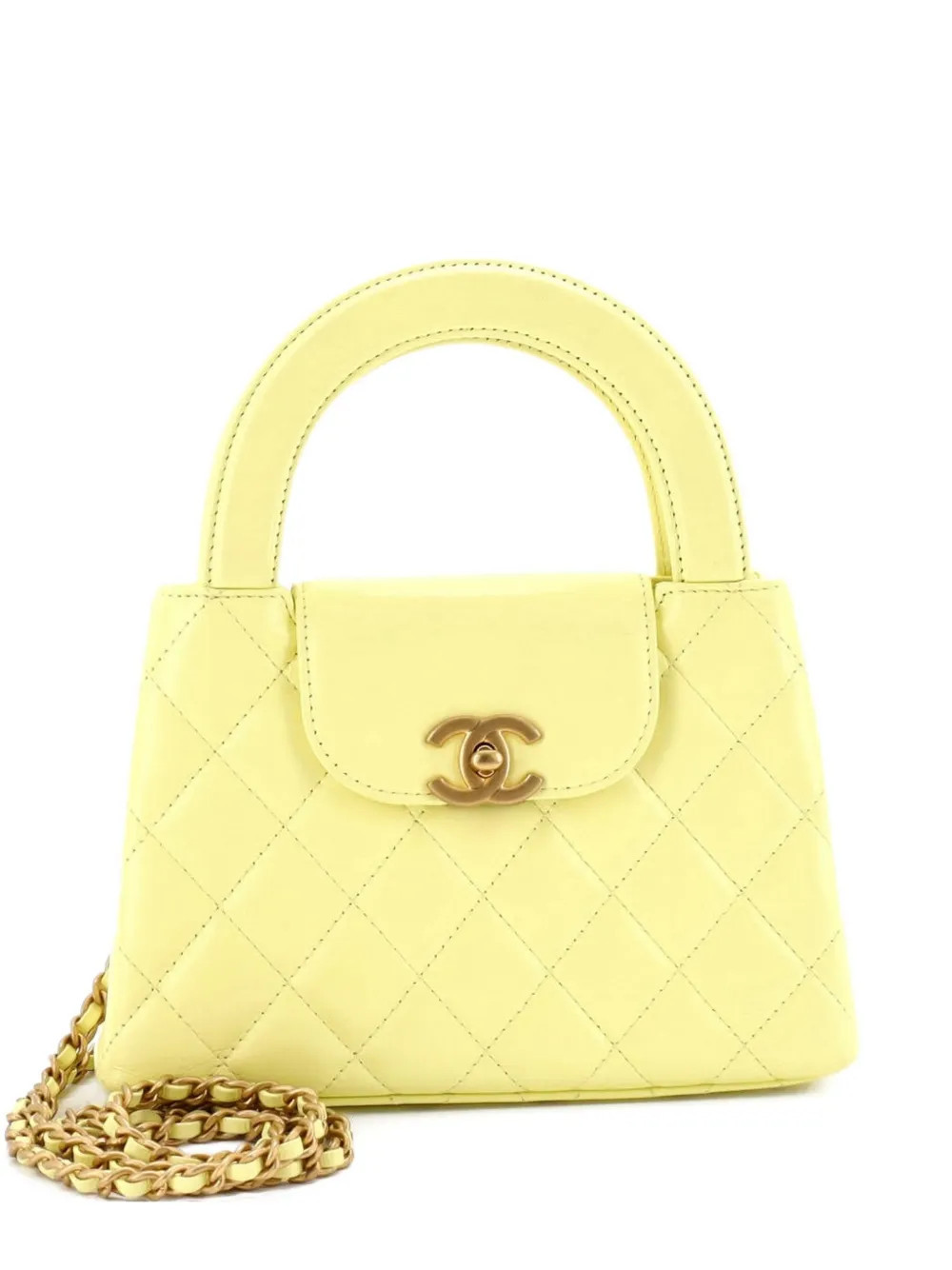 CHANEL Pre-Owned Kelly Top Handle Shopping Bag Quilted Shiny Aged Calfskin Mini satchel - Yellow | Farfetch Global