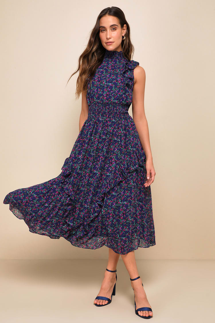Evalina Navy Blue Floral Print Mock Neck Midi Dress | Lulus