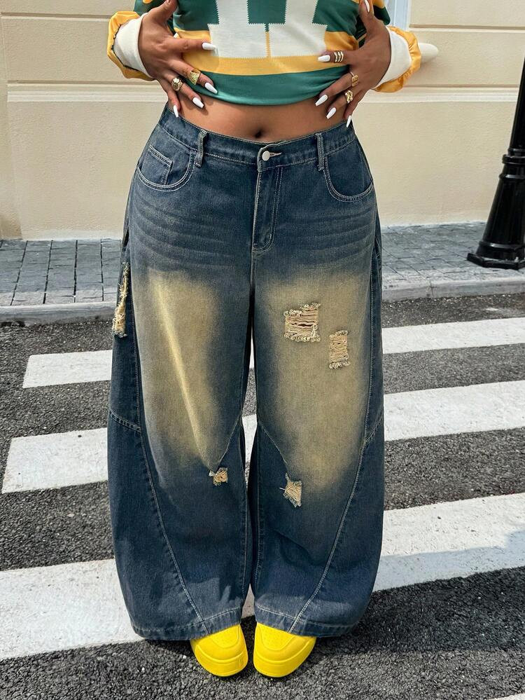 SHEIN ICON Plus Size Women Spring/Autumn Relaxed Washed Distressed Wide-Leg Baggy Boyfriend Jeans | SHEIN