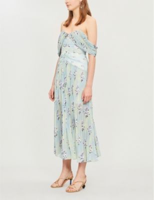 Off-the-shoulder floral-print pleated chiffon midi dress | Selfridges
