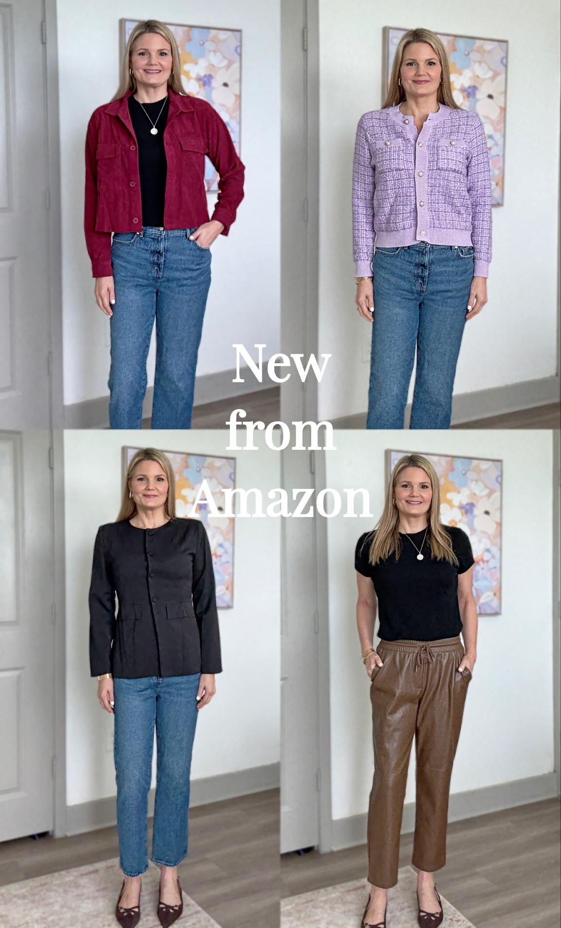 New styles from Amazon! Wearing size small in the red jacket, purple cardigan, and black blazer. Wearing a medium in the faux leather pants but need a small  

#LTKFindsUnder50 #LTKSeasonal #LTKOver40