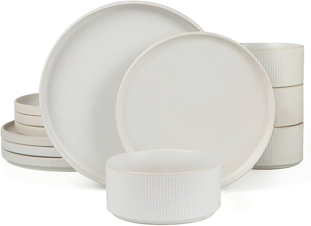 Famiware Star Dinnerware Sets, Plates and Bowls Set for 4, 12 Piece Dish Set, Ribbed, Full Glaze ... | Amazon (US)