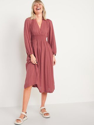Waist-Defined Long-Sleeve Deep V-Neck Dobby Smocked Midi Dress for Women | Old Navy (US)