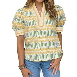 Tankaneo Womens Puff Sleeve Floral Blouse Tops Summer Dressy Casual V Neck Shirts Color Block Loo... | Amazon (US)