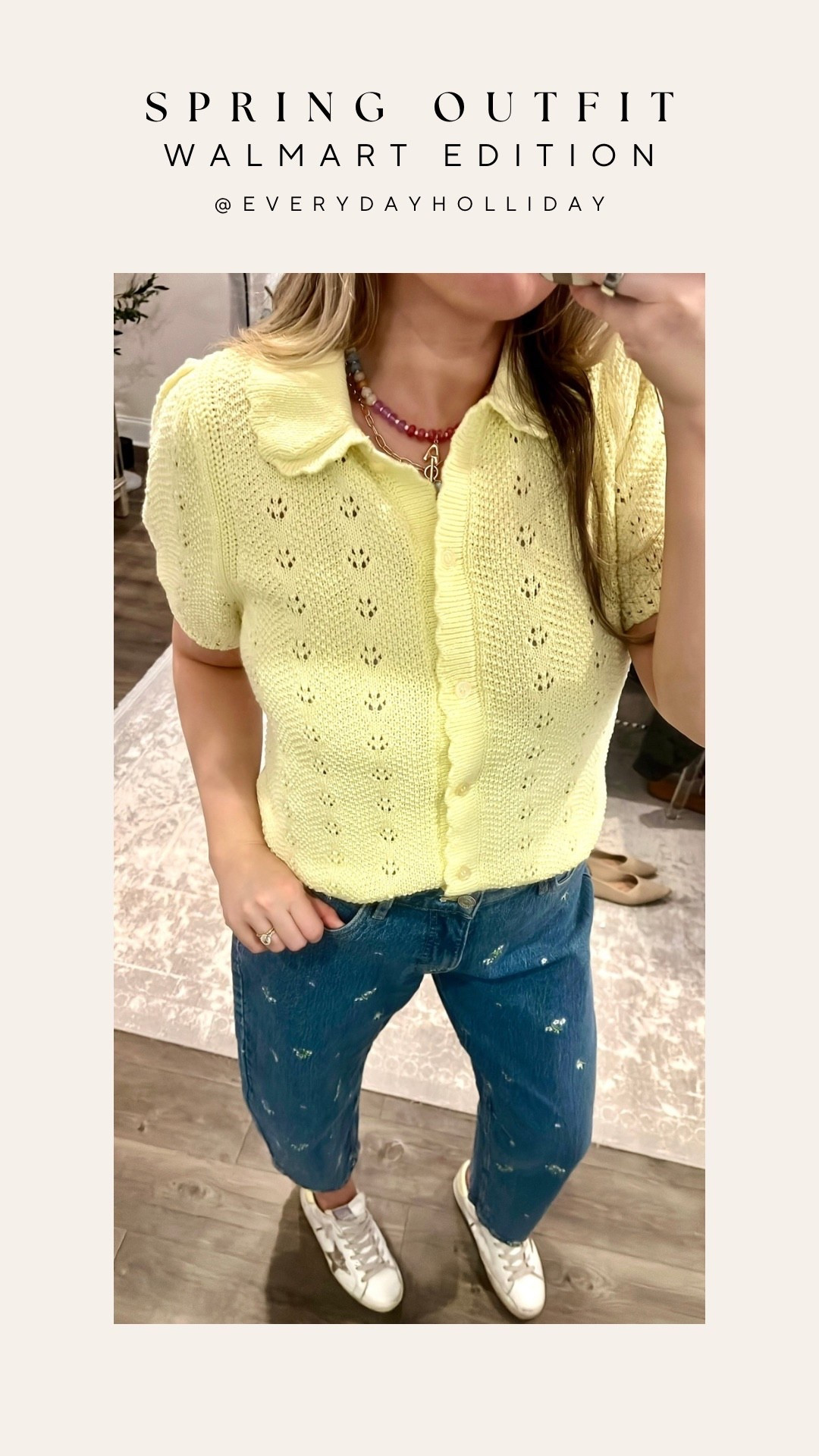 Spring outfit — Walmart edition. This yellow pointelle cardigan with the scalloped collar is the sweetest find and pairs perfectly with embroidered denim and sneakers. Looks way more expensive than it is. Have you tried Walmart fashion lately?​​​​​​​​​​​​​​​​

#LTKSeasonal #LTKootd #LTKgrwm