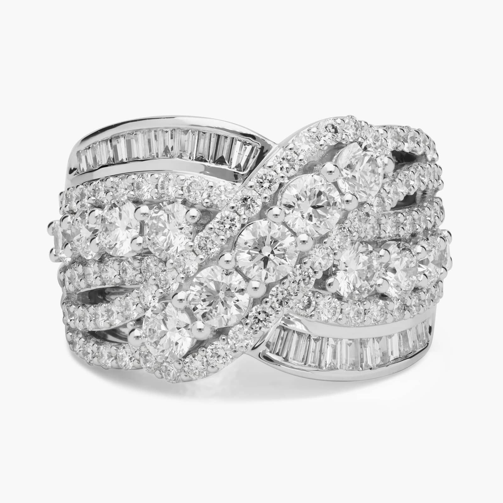 Round and Baguette Crossover Fashion Ring in 14k White Gold (3 ct. tw.) | Blue Nile