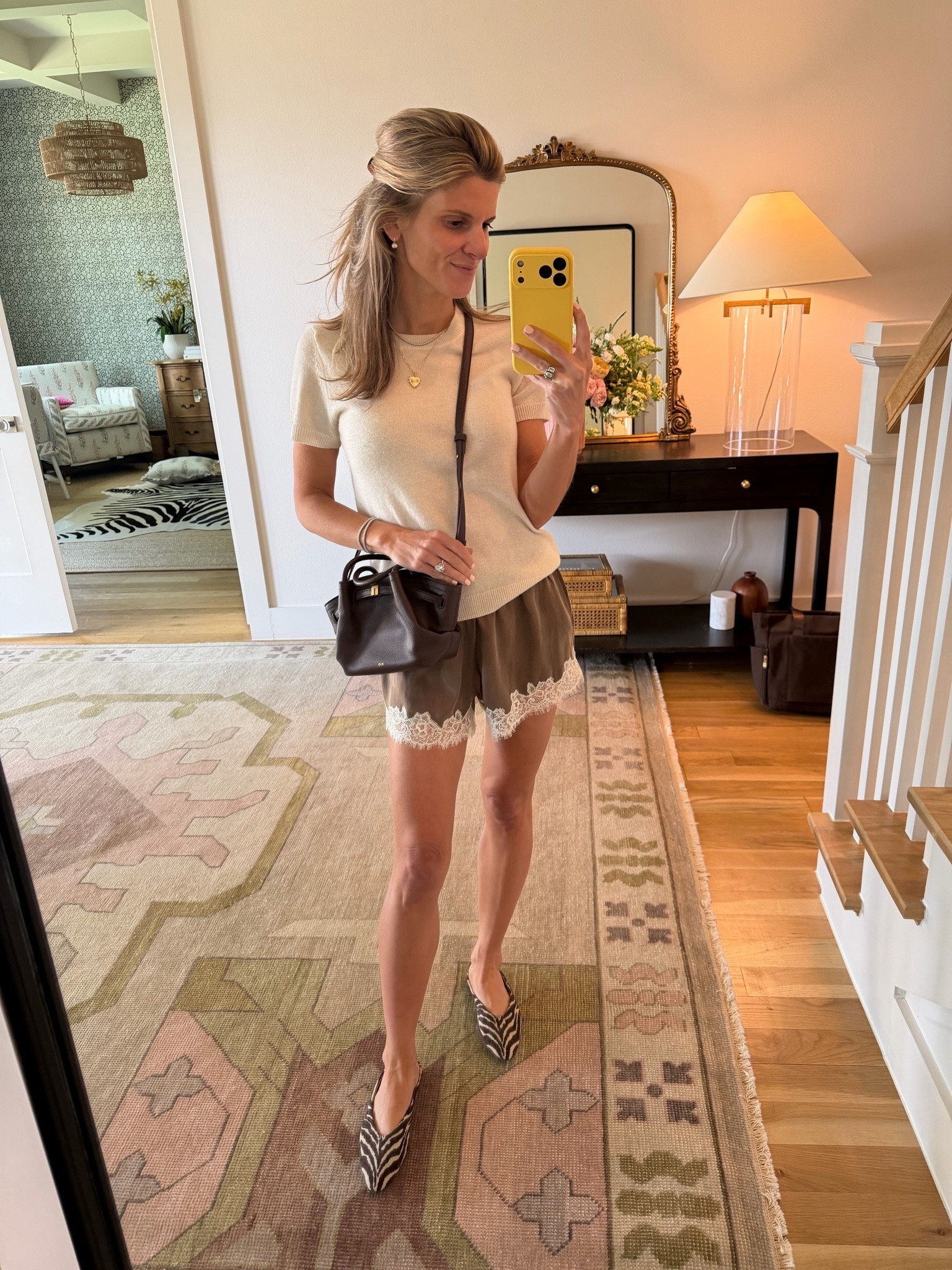 Lace olive shorts with cream light cashmere top