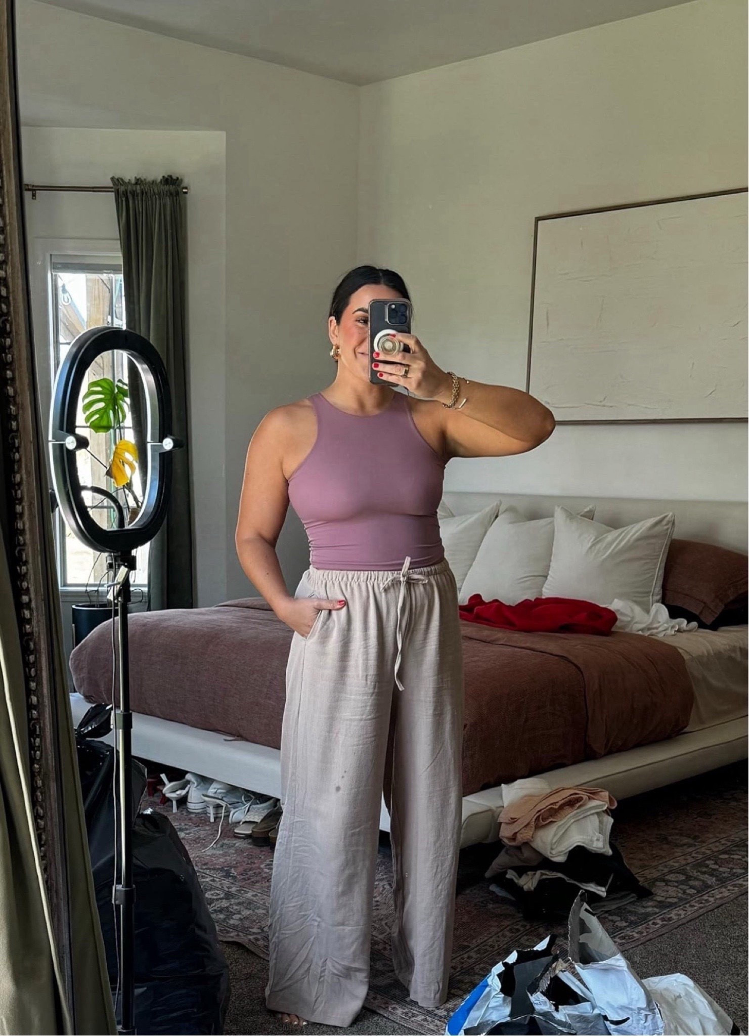 Easy chic mom outfit for summer! Can layer for fall, perfect base outfit. I'm just wearing cakes under the tank, it's double lined! 

Summer midsize apple shape look, Europe inspired outfit, Beach vacation outfit, Europe style, Linen flowy pants

#LTKootd #LTKSeasonal #LTKMidsize