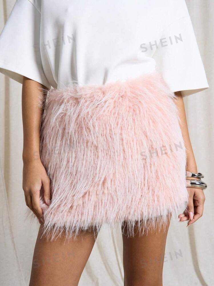 AiiRZ Faux Feather Fluffy Mini Skirt | SHEIN