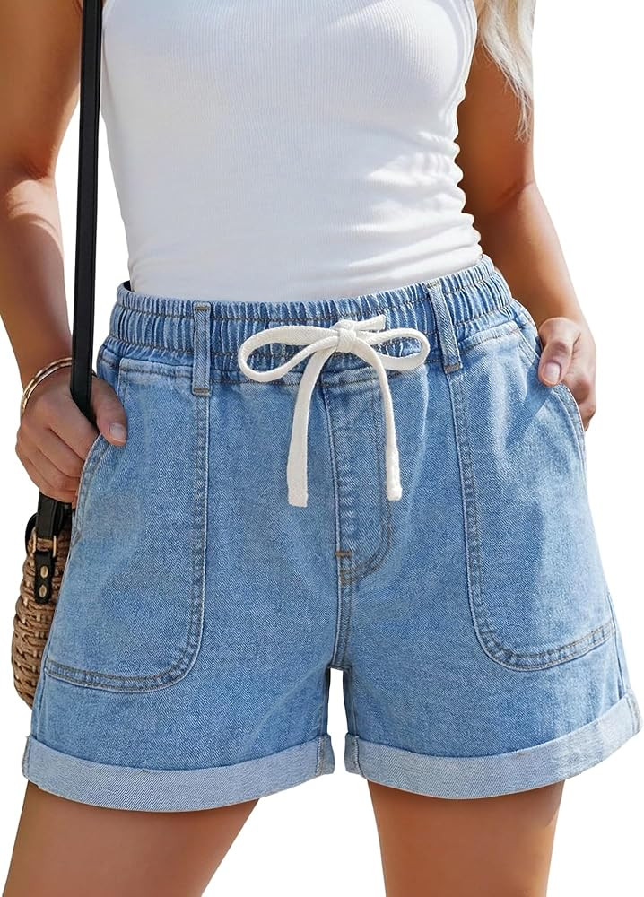 SANMM Jean Shorts Women High Waisted Drawstring Elastic Waist Summer Stretchy Denim Jorts with Po... | Amazon (US)