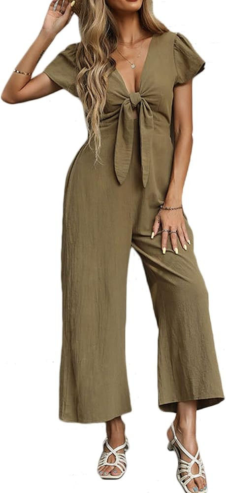loveimgs Women's Short Sleeve Wrinkled Ice Silk Wide Leg Jumpsuit Tie Knot Cropped Palazzo Pants ... | Amazon (US)