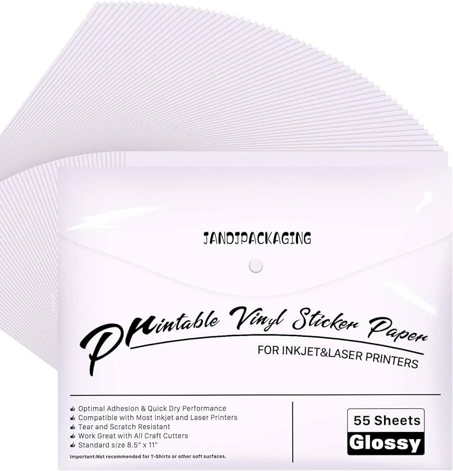 Premium Printable Vinyl Sticker Paper - for Inkjet and Laser Printer - 55 Pack Glossy White Water... | Amazon (US)