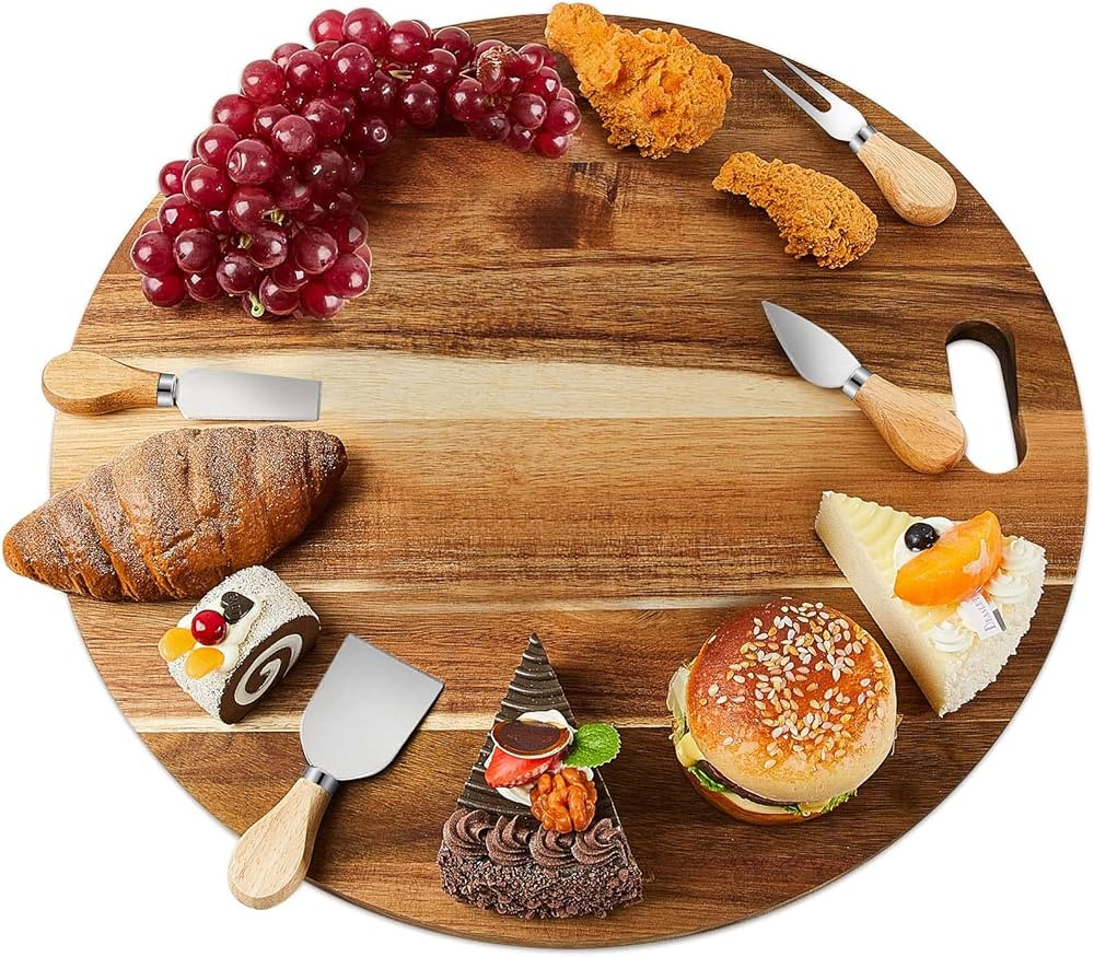 Round Charcuterie Board and Knife Set 19 Inch Wooden Cheese Board Kitchen Acacia Wood Boards for ... | Amazon (US)