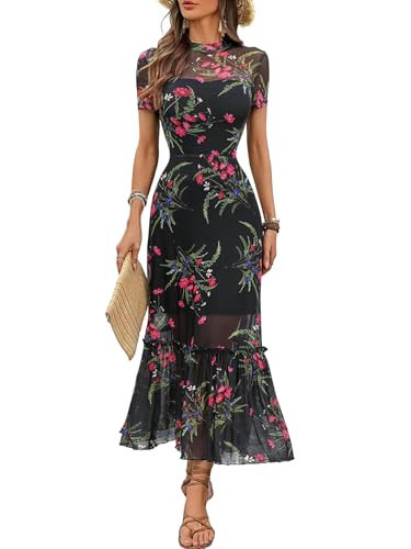 GothDark Women's Summer Floral Mesh Ruffle Dress Short Sleeve Round Neck Waist Cinched Casual Maxi Wedding Guest Dresses | Amazon (US)