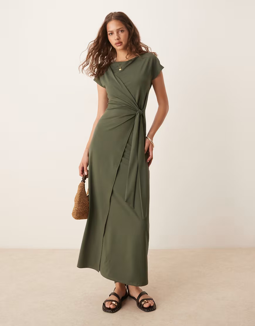 ASOS DESIGN cap sleeve tie wrap front maxi dress in green | ASOS (Global)
