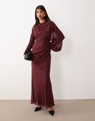 ASOS DESIGN drape front blouson sleeve maxi dress in burgundy | ASOS | ASOS (Global)