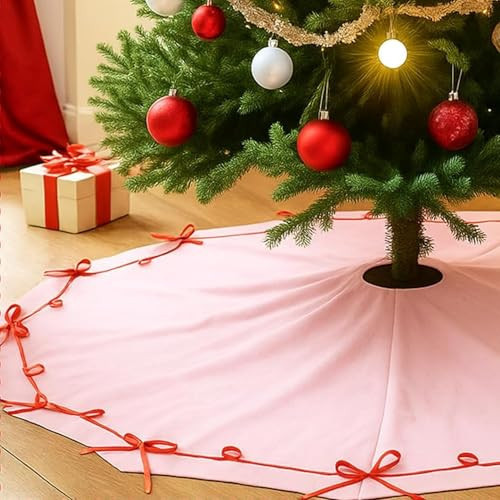 Vertintong 48 Inch Pink Christmas Tree Skirt with Red Bow, Velvet Christmas Tree Skirt Wavy Xmas Party Mat Holiday Bow Decorations Merry Xmas Party Accessory for Holiday Indoor Outdoor Decorations | Amazon (US)