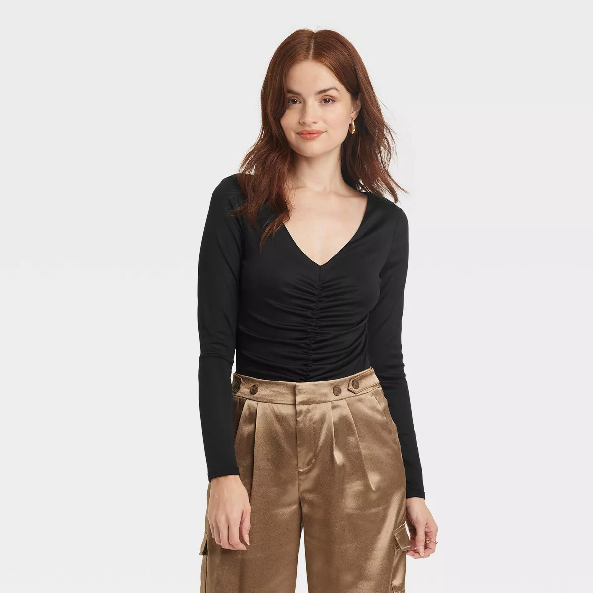 Women's Long Sleeve Ruched Slim Fit Bodysuit - A New Day™ Black XS | Target