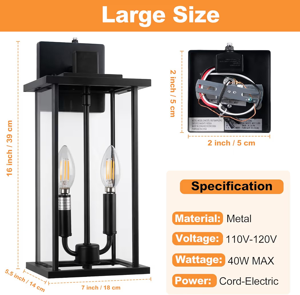 16" Large Dusk to Dawn Outdoo Wall Light Fixtures, Black 2-Pack Exterior Front Porch Light, 2-Lig... | Amazon (US)