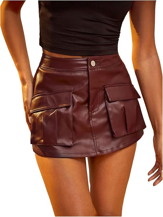 MakeMeChic Women's PU Leather Summer Shorts Flap Pocket Zip Fly Going Out Y2K Mini Skorts | Amazon (US)