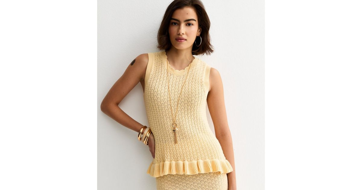 Yellow Cotton Rich Textured Knit Frill Hem Vest | New Look | New Look (UK)