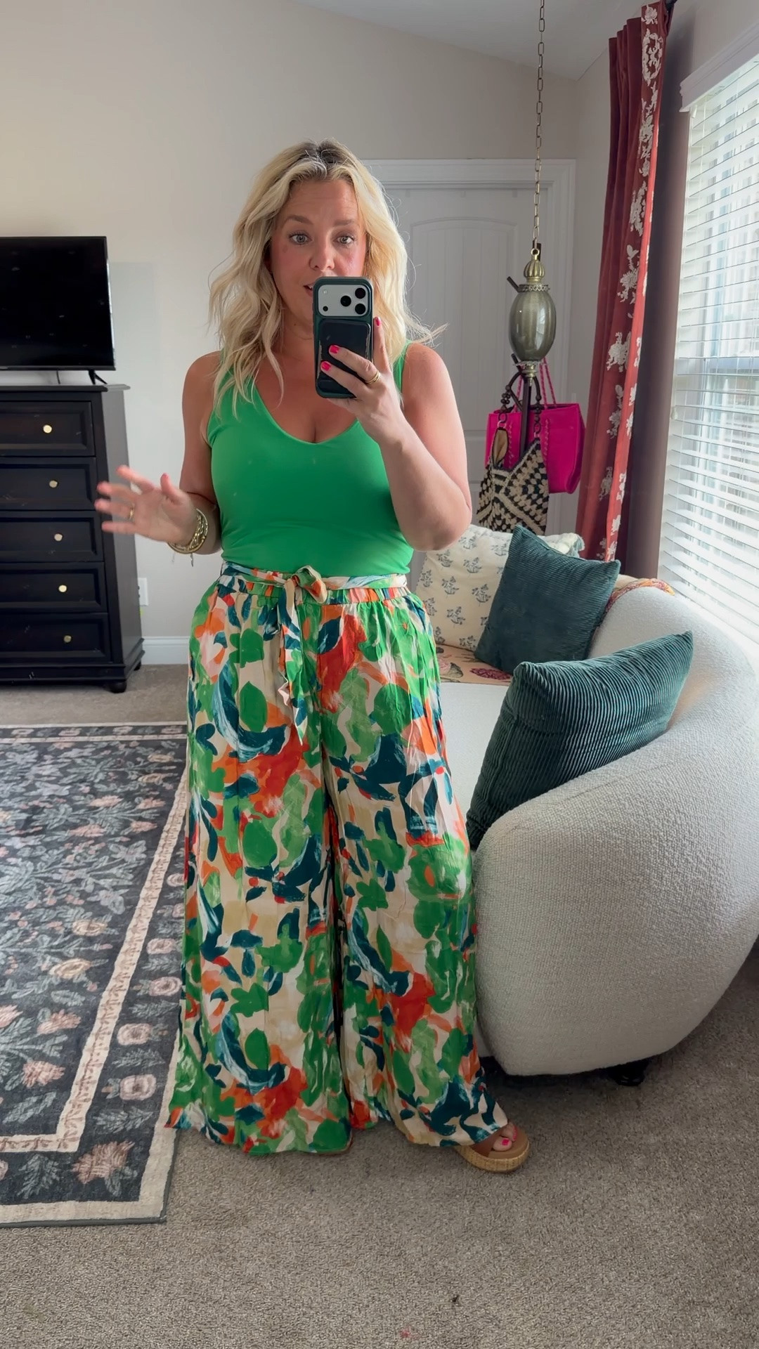 I have these light weight, breezy pants in soooo many patterns bc they are perfect to still keep you cool in the summer! I got my true size large & I’m 5’2” so they are a tad long on me but I’m wearing wedges here. I also own this top in 4 color bc I love it so much!

#LTKPetite #LTKMidsize #LTKOver40