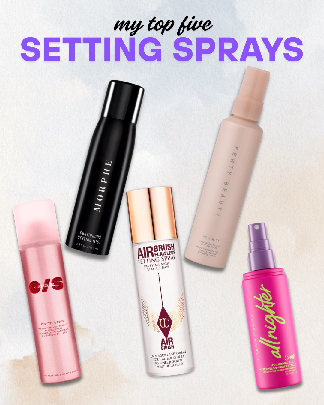 These are my top 5 setting sprays to lock in your look, fight shine, and keep makeup fresh all day.

ONE/SIZE On ’Til Dawn Mattifying Waterproof Setting Spray – This is that girl for oily zones. Lockdown-level hold with zero shine or smudging.

Charlotte Tilbury Airbrush Flawless Setting Spray – Sets, refreshes, and melts makeup into the skin for a flawless, airbrushed finish.

Fenty Beauty Hydra Vizor You Mist – Lightweight and hydrating with niacinamide. Perfect for a soft set and skincare boost throughout the day.

Urban Decay All Nighter Setting Spray with Hyaluronic Acid & Watermelon – Longwear classic with a juicy twist. Keeps makeup in place while hydrating and refreshing.

Morphe Continuous Setting Mist – Fine, even spray that sets your look without disturbing makeup. Great for layering and touch-ups.

#Top5SettingSprays #MakeupLockIn #ShineControl #HydratingSet #LongwearMakeup #MakeupSetAndRefresh #LTKMakeup #LTKBeauty

#LTKBeauty