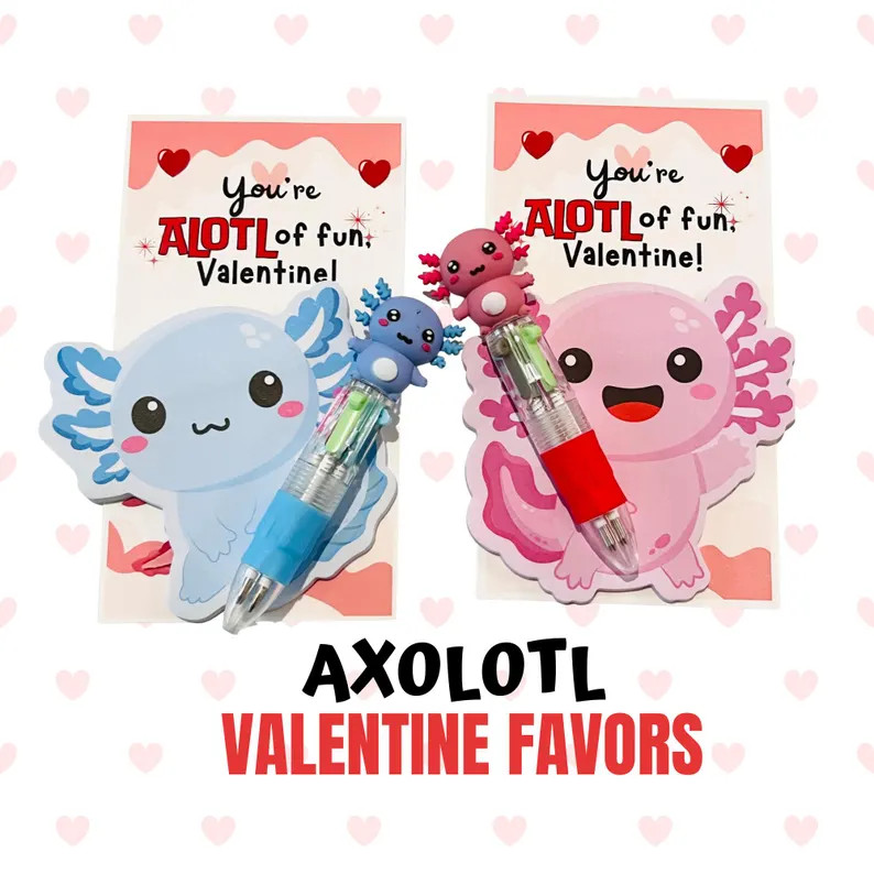 Make Valentine’s Day extra fun with these axolotl-themed pen and sticky note favors, perfect fo... | Etsy (US)