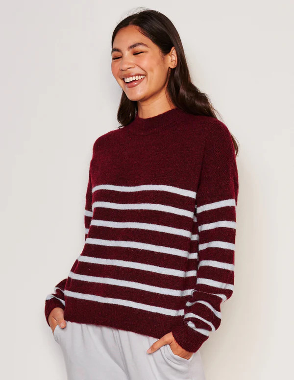 Women's Stripes Mock Neck Cozy Sweater in Bordeaux | Sundry Clothing