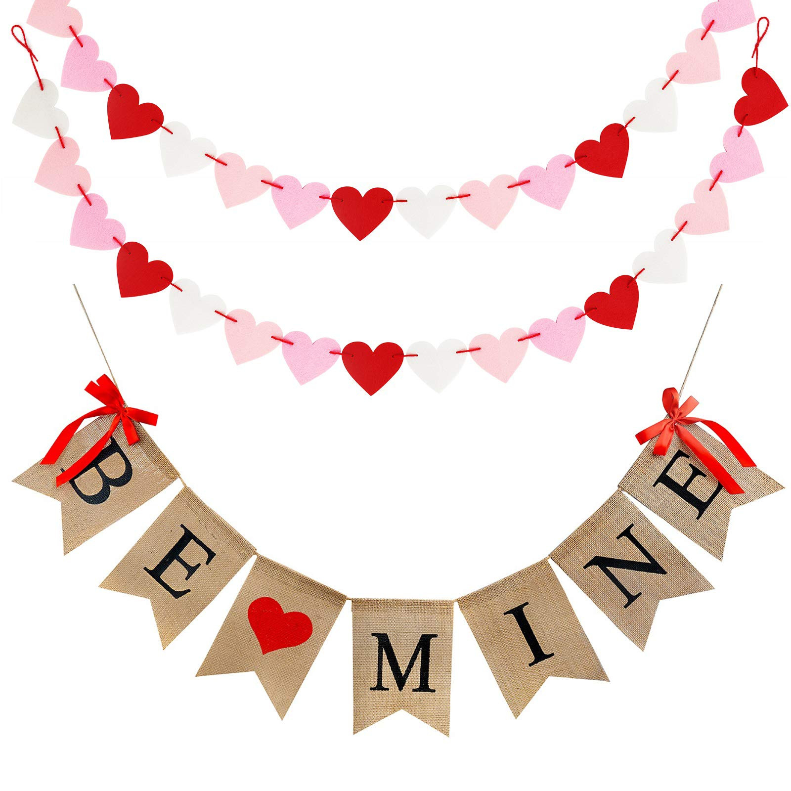 Valentines Day Burlap Banner, Valentines Decor for Home, Be Mine Hanging Banner & 28 Pcs Felt Heart  | Amazon (US)