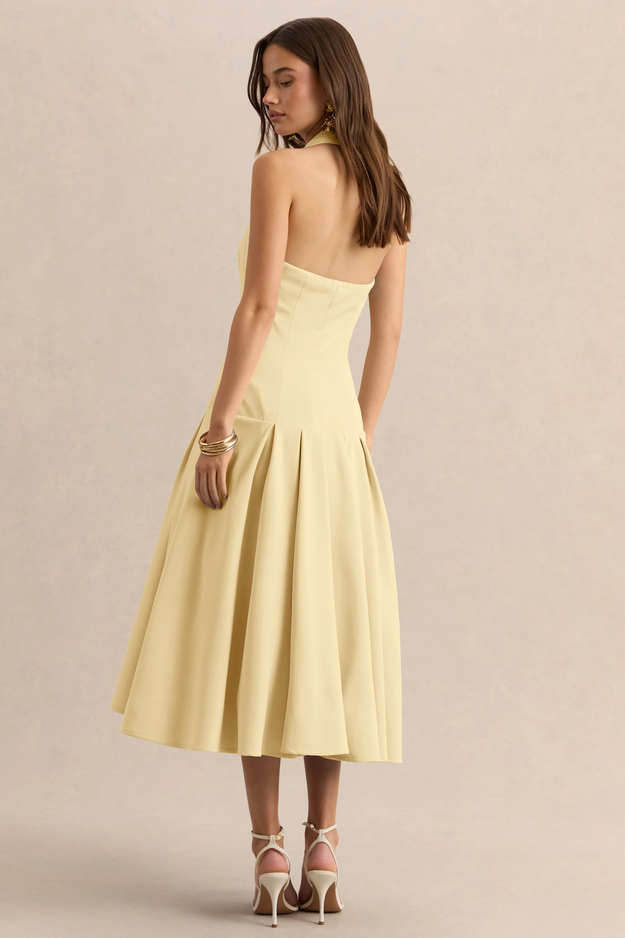 Elise | Lemon Plunge-Neck Midi Dress With Drop-Waist | Club L London