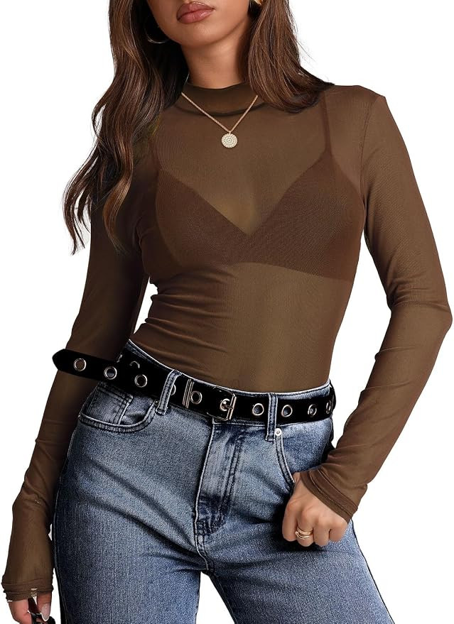 OFEEFAN Womens Long Sleeve Mesh Top See Through Mock Neck Sheer Blouses | Amazon (US)