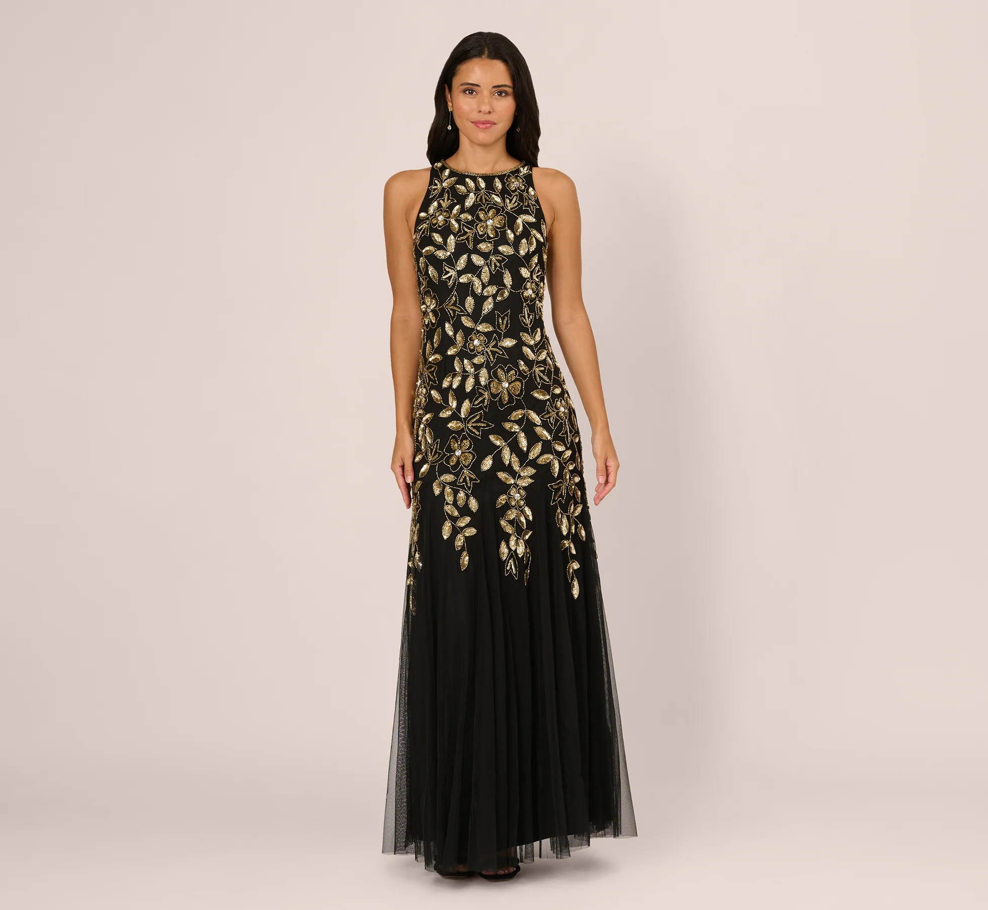 Sleeveless Floral Beaded Godet Gown In Black Gold | Adrianna Papell